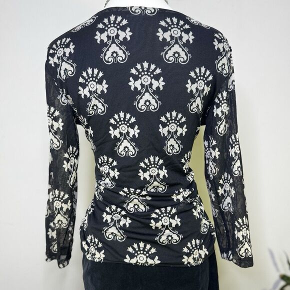 Vtg Y2K Art Deco Black White Sheer Mesh Faux Wrap V-Neck Top Whimsygoth Fairy XL - Picture 2 of 8